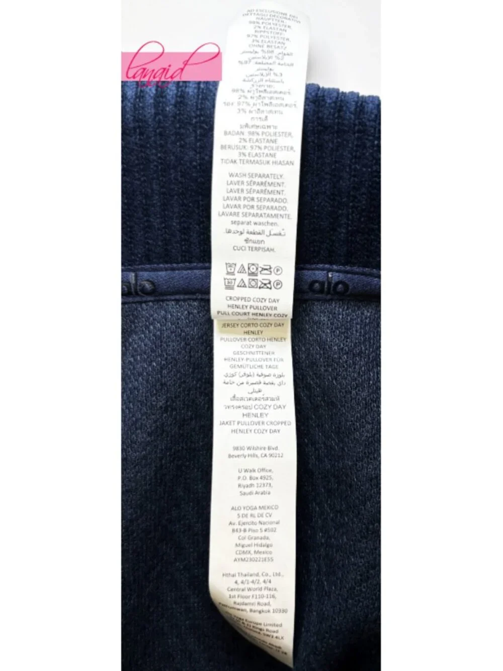 Alo Cropped Cozy Day Henley Pullover Navy V-Neck Velvet Velour Chevron Sweater S